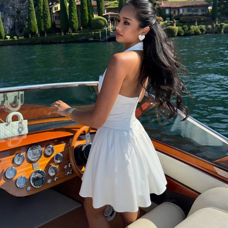Vestido blanco con cuello halter para mujer, elegante, sin mangas, ajustado, corto, corte A, con parches, para playa y vacaciones.