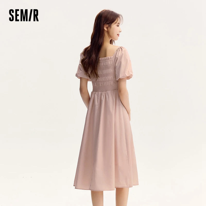 Vestido de mujer con escote cuadrado, mangas abullonadas, corte ajustado y elegante, nuevo vestido de verano divertido y elegante de largo medio.