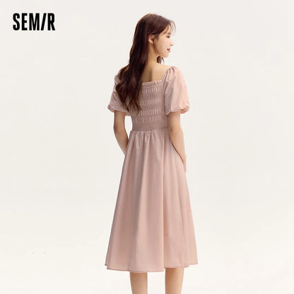 Vestido de mujer con escote cuadrado, mangas abullonadas, corte ajustado y elegante, nuevo vestido de verano divertido y elegante de largo medio.