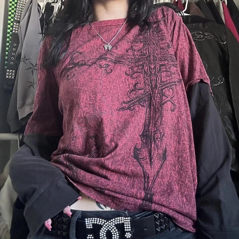Camiseta vintage grunge emo Y2K de los años 2000, estilo cross cyber goth, con retazos, de manga larga, estilo e-girl, estilo gótico harajuku, holgada, para mujer y hombre.