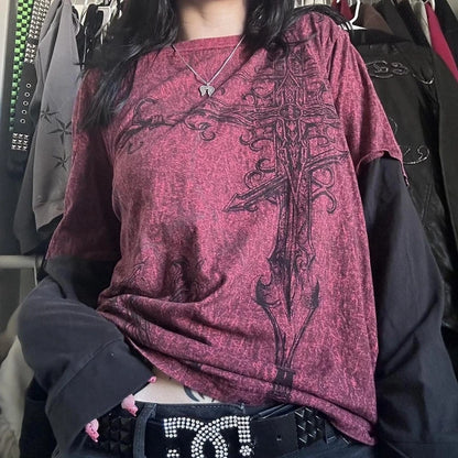 Camiseta vintage grunge emo Y2K de los años 2000, estilo cross cyber goth, con retazos, de manga larga, estilo e-girl, estilo gótico harajuku, holgada, para mujer y hombre.
