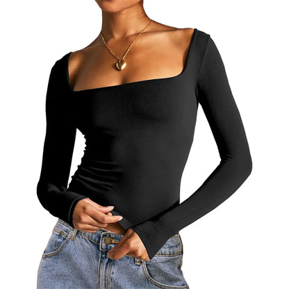 Square Collar Crop Top y2k Clothes Women Solid Color Long Sleeve T Shirt Basic Slim Fit Tees 2000s Clothing Streetwear