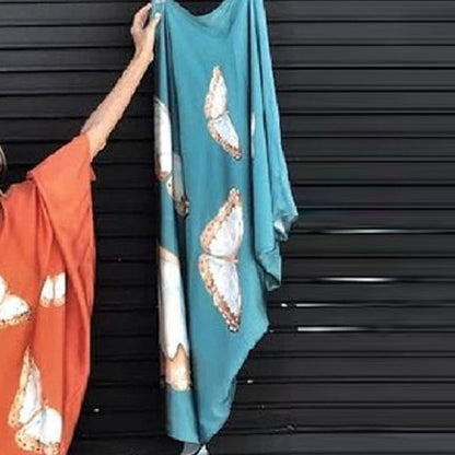 Vestido largo irregular con estampado de mariposas de colores y un solo hombro para mujer, sexy, holgado, con hombros descubiertos, para playa y vacaciones, ropa de calle