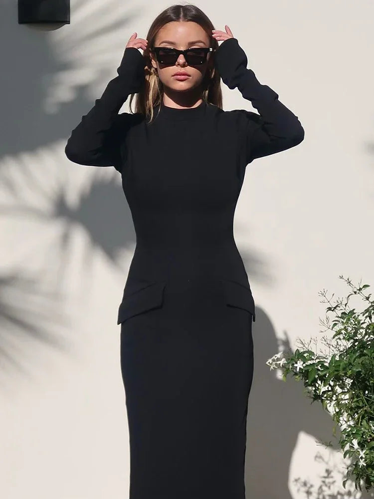 Half Turtleneck Long Sleeves Maxi Dress Fashion Office Lady Clothing Back Slit Gown Dress Female Solid Streetwear Autumn