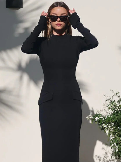 Half Turtleneck Long Sleeves Maxi Dress Fashion Office Lady Clothing Back Slit Gown Dress Female Solid Streetwear Autumn