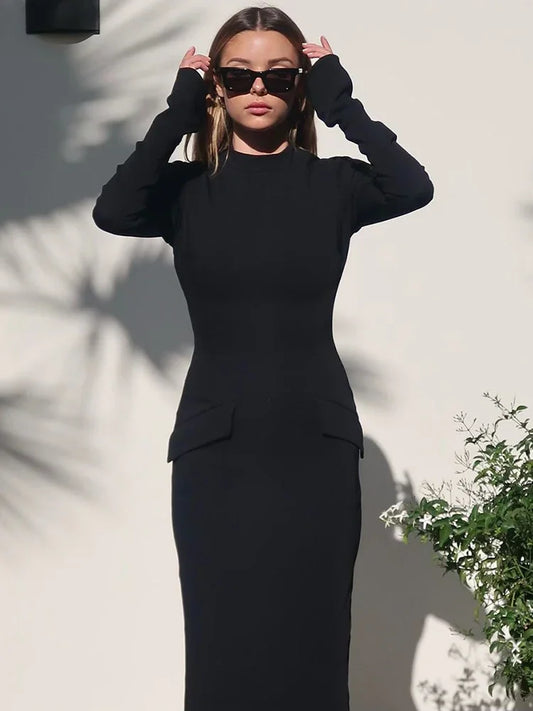 Half Turtleneck Long Sleeves Maxi Dress Fashion Office Lady Clothing Back Slit Gown Dress Female Solid Streetwear Autumn
