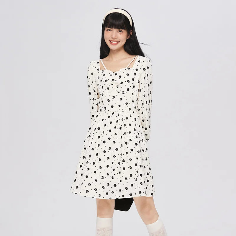Dress Women Texture Fungus Edge Floral Dresses Temperament  Autumn New Waist Square Collar Dress