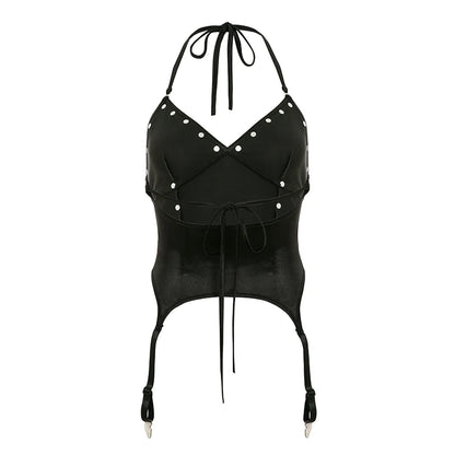 Camisola sexy ajustada de PU con diseño de remaches de satén empalmados para mujer, blusas de moda retro Gyaru Darkly Punk