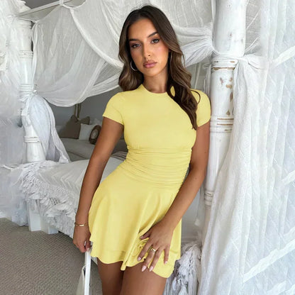 Fashion Folds Ruffled Mini Dress For Women Summer New Solid Color Short Sleeves Female Clubs Party Sexy Slim Fit Dress