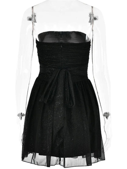 Elegante minivestido sexy sin tirantes para mujer, negro, con hombros descubiertos, espalda descubierta, plisado, lentejuelas brillantes, vestido de fiesta para club.