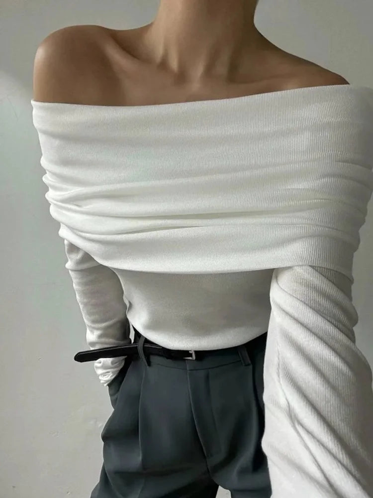 Suéter de punto sin espalda para mujer, top ajustado con banda, liso, corto, ropa de calle, hombros descubiertos, elegante, de punto para otoño