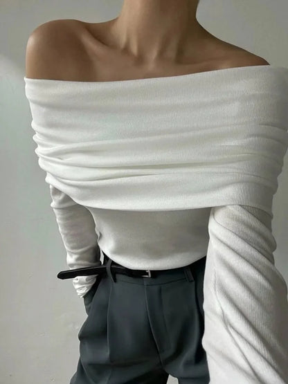 Suéter de punto sin espalda para mujer, top ajustado con banda, liso, corto, ropa de calle, hombros descubiertos, elegante, de punto para otoño