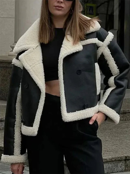 Suéter extragrande y esponjoso con solapa de PU para mujer, ropa de calle de moda con bolsillos de invierno y retazos, abrigo de lujo en contraste, nuevo