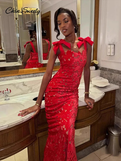 Sexy Red Hollow Out Long Party Dress Women Lace Up Slim Hip Package Sleeveless Dresses 2025 Lady Christmas Evening Robes New
