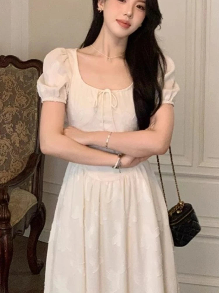 Elegantes vestidos midi para mujer, novedad de verano, manga abullonada, cuello cuadrado, corte A, vestido informal para fiesta de cumpleaños, vestido coreano de una pieza