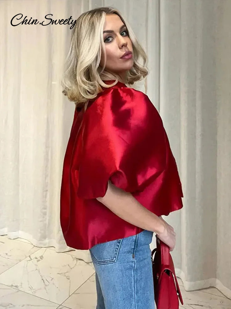 Elegant Satin Puff Short Sleeve Top Women Loose Solid Buckle O-neck Shirts Female 2025 Spring Summer Fashion Office Lady Outwear