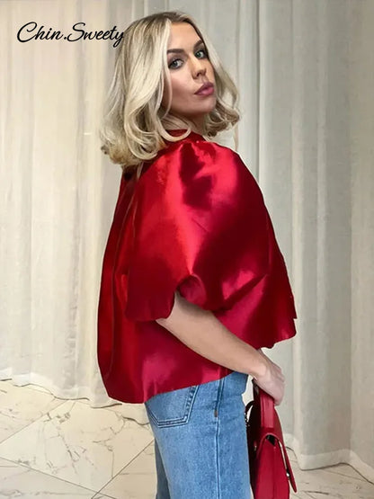 Elegant Satin Puff Short Sleeve Top Women Loose Solid Buckle O-neck Shirts Female 2025 Spring Summer Fashion Office Lady Outwear