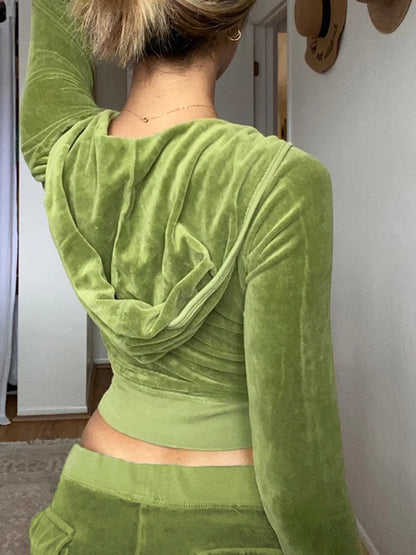 Casual Velvet Crop Top Winter Jacket Women Green Pink Zip Up Hoodies Coats Ladies Fashion Skinny Overcoat Streetwear