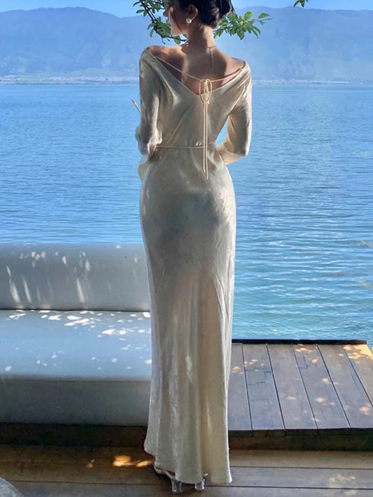 Vestidos de noche vintage franceses para mujer, otoño, ceñidos, para boda, graduación, manga acampanada, cuello alto, midi, nuevos