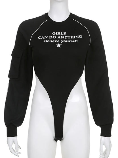 Letter Printing One-Pieces Black Top Women White Line Sexy Bodysuit Lingerie Pocket Body Feminino Long Sleeve Streetwear Bustier