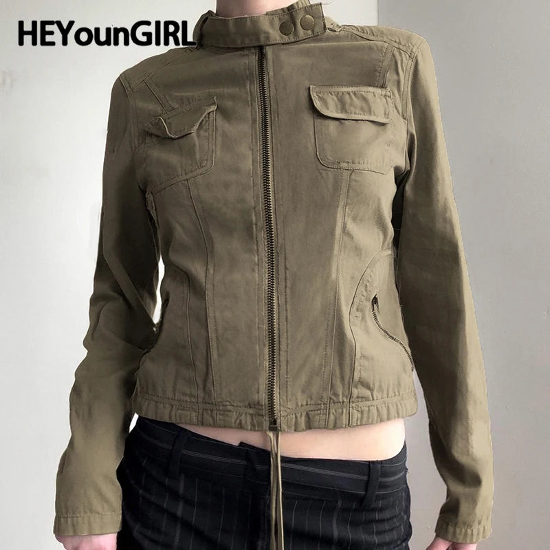 Chaqueta militar de cuello alto con patchwork para mujer, estilo vintage Y2K, con bolsillos y cremallera, estilo grunge, ropa de calle.