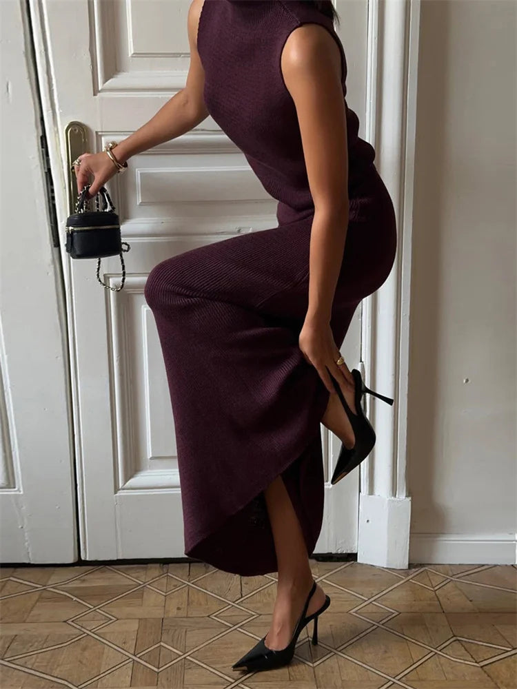 Elegant Knitwear 2 Piece-Set Long Dress Female Ribbed Sweater Pullover And Loose Patchwork Maxi Skirt Sets Ladies Outfits