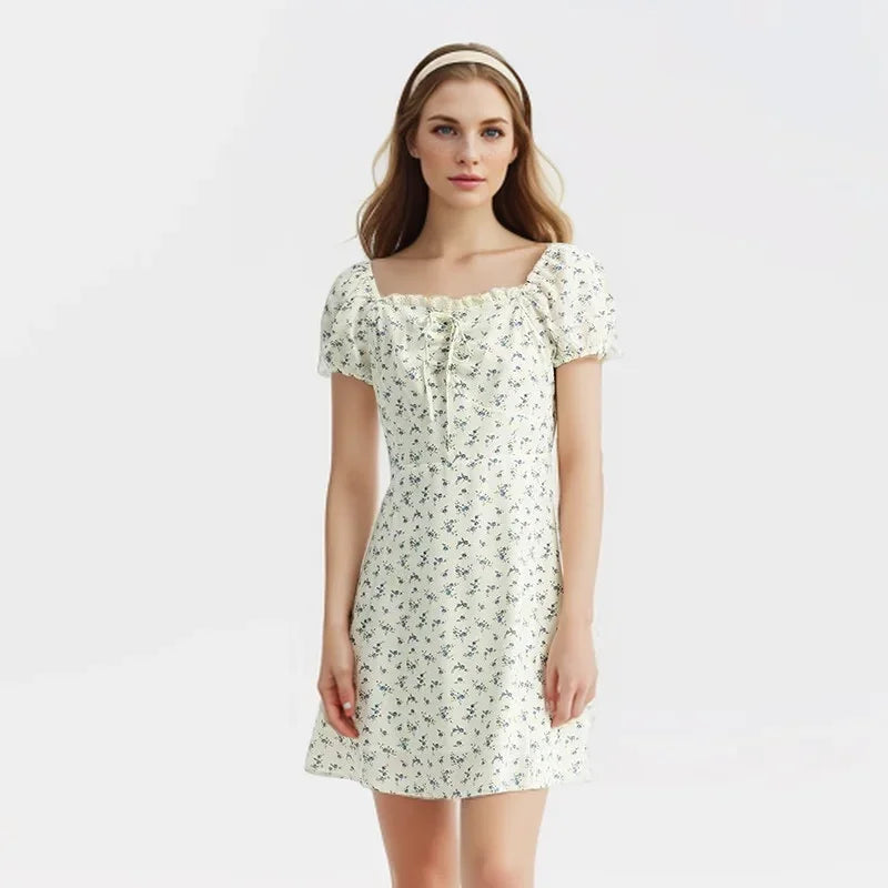 Vestido de mujer con mangas abullonadas y estampado floral de gasa Mori, nuevo vestido de verano con escote cuadrado y cintura corta, divertido