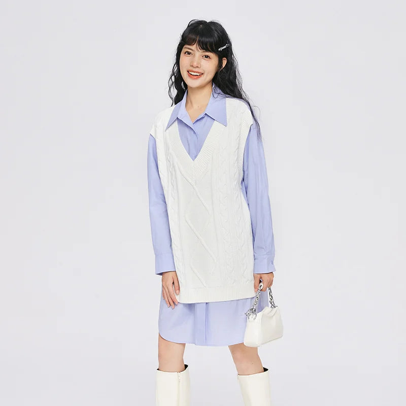 Dress Women Pointed Collar Stitching Fake Two-Piece Split  Autumn New Oversize Literary Dress Gentle