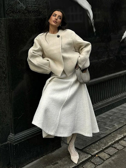 Chaqueta elegante de mezcla de lana lisa para mujer, abrigo de manga larga con botones y cuello redondo, ropa de abrigo cálida para otoño e invierno.