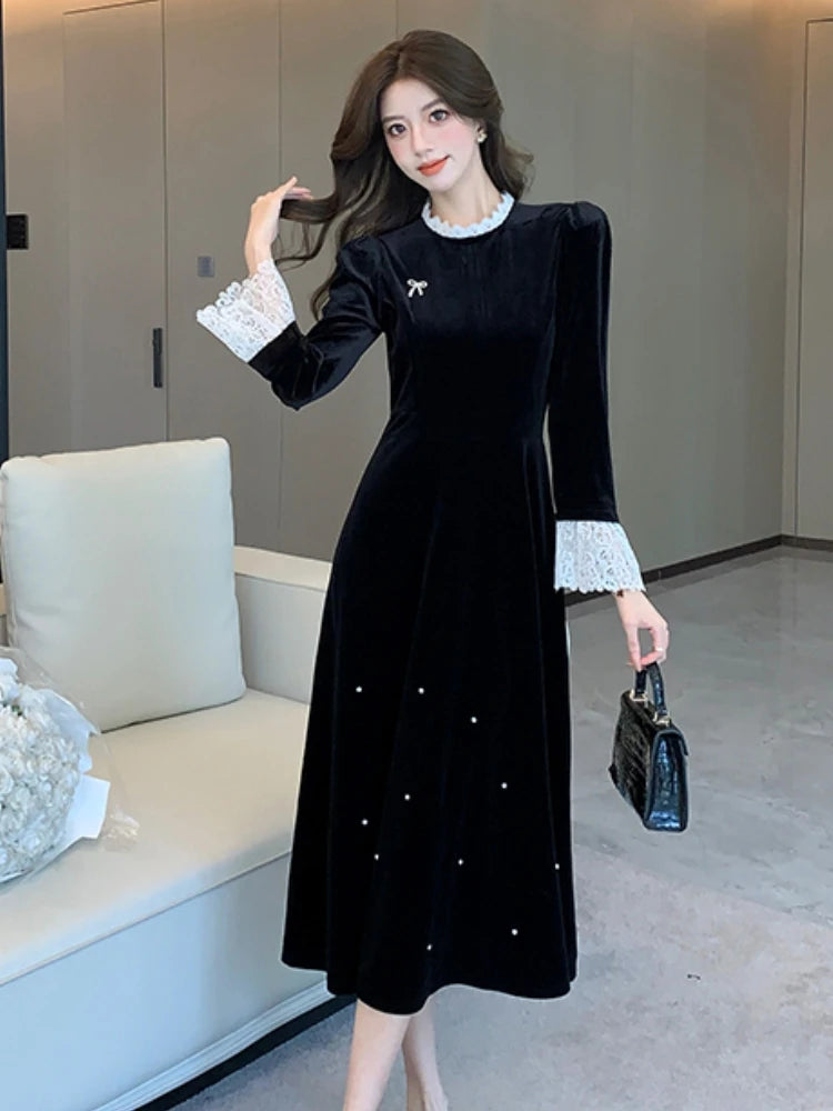 Mujer Primavera Verano Nuevo Elegante Terciopelo Patchwork Midi A Line Vestidos Manga Larga Dama Fiesta Moda Una Pieza Bata