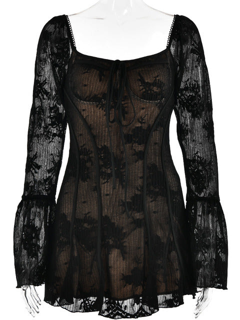 Vestido elegante de mujer con cuello cuadrado, encaje y patchwork, mangas acampanadas, borde con volantes, doble capa, ajustado, para fiesta y noche