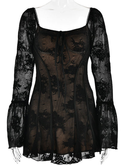 Vestido elegante de mujer con cuello cuadrado, encaje y patchwork, mangas acampanadas, borde con volantes, doble capa, ajustado, para fiesta y noche