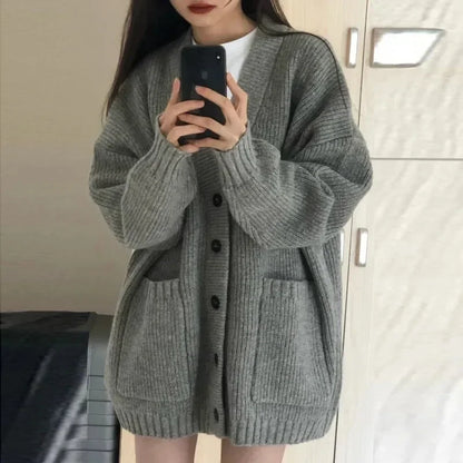 Suéteres y cárdigans para mujer, abrigos, moda Otoño Invierno, chaquetas de punto holgadas de manga larga con cuello en V, suéteres informales tipo cárdigan