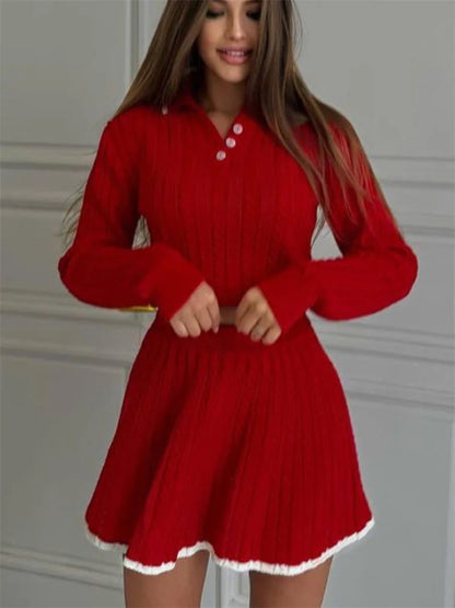 Autumn Fashion 2 Piece-Set Skirt Women’s Patchwork Contrast Long Sleeve Lapel Pullover And High Waist Mini Skirt Outfits