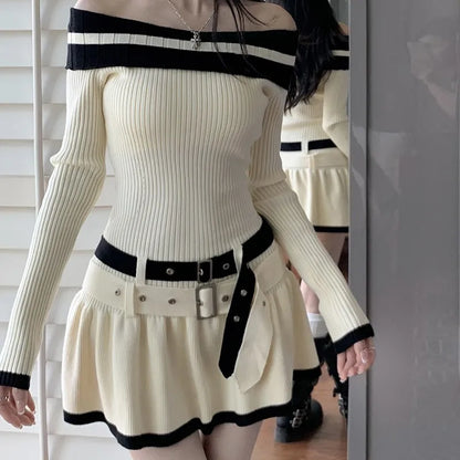 Minivestidos de punto informales ajustados Y2K para mujer, con hombros descubiertos, elegantes, de moda coreana, vestido de fiesta corto con cinturón, ropa nueva de otoño