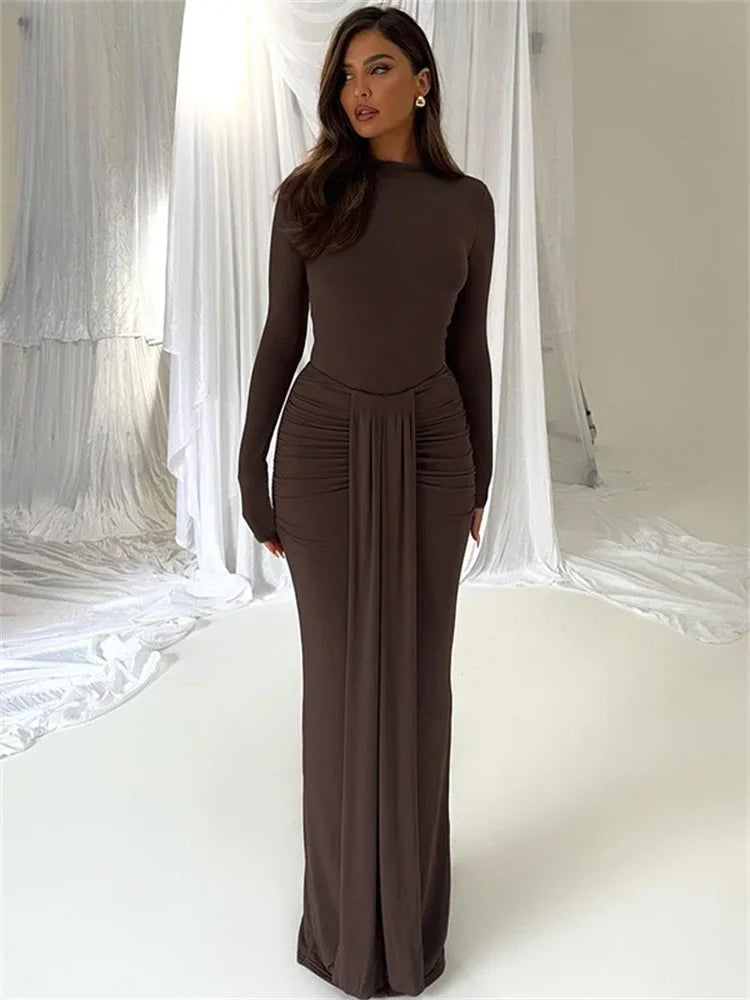 Conjunto de dos piezas de invierno para mujer: falda larga, mono informal de cintura alta y falda larga plisada, conjuntos sexis ajustados de color liso.