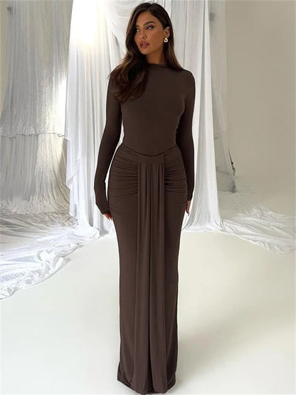 Conjunto de dos piezas de invierno para mujer: falda larga, mono informal de cintura alta y falda larga plisada, conjuntos sexis ajustados de color liso.