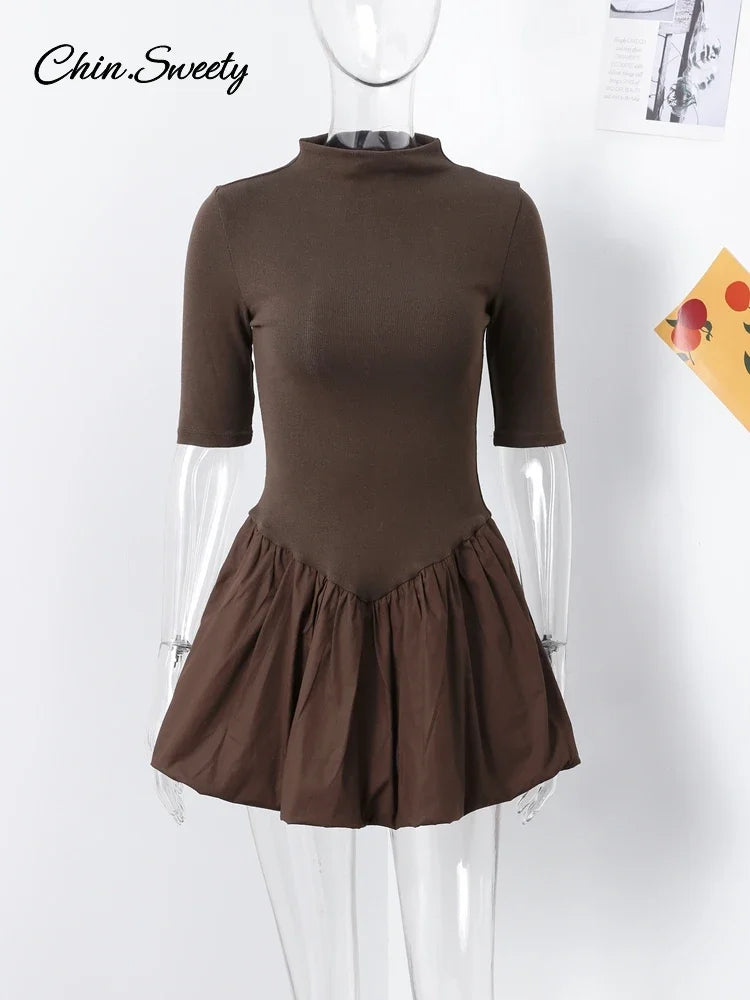 Elegant Knitted Patchwork Brown A-line Dress Women O-neck Short Sleeves Pleated Ruffles Mini Dresses 2025 Lady Solid Vestidos