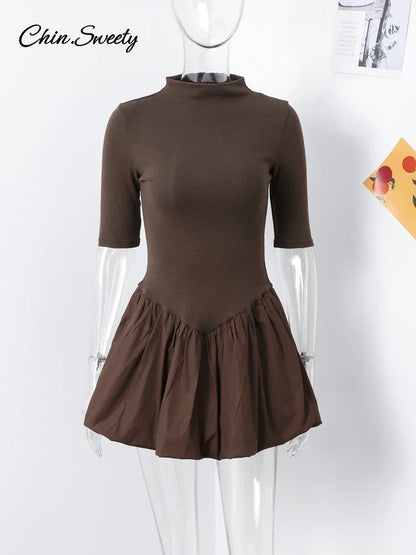 Elegant Knitted Patchwork Brown A-line Dress Women O-neck Short Sleeves Pleated Ruffles Mini Dresses 2025 Lady Solid Vestidos