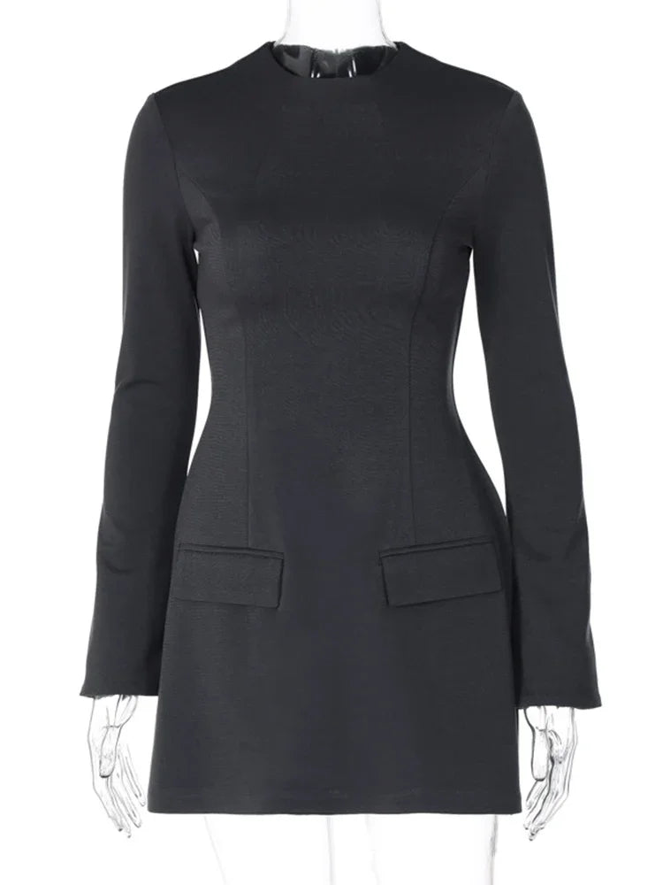 Elegante minivestido ajustado de manga larga para mujer, corte A, cintura alta, dos bolsillos, liso, para otoño e invierno, nuevo vestido de fiesta para mujer