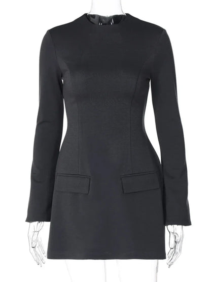 Elegante minivestido ajustado de manga larga para mujer, corte A, cintura alta, dos bolsillos, liso, para otoño e invierno, nuevo vestido de fiesta para mujer