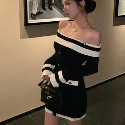 Elegante vestido de punto con cuello oblicuo para mujer, minivestido ajustado de manga larga, moda coreana, otoño e invierno, nuevos vestidos casuales ajustados