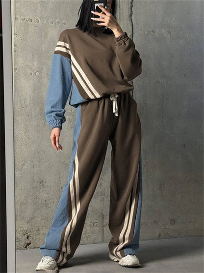 Ladies 2 Piece-Set Drawstring Trousers Contrast Lace-Up Autumn  Pullover And High Waist Women Pants Outfits Tracksuit