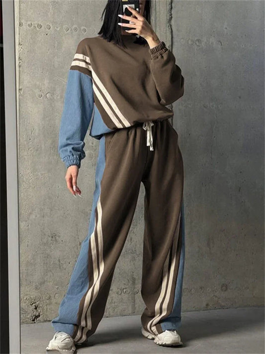 Ladies 2 Piece-Set Drawstring Trousers Contrast Lace-Up Autumn  Pullover And High Waist Women Pants Outfits Tracksuit