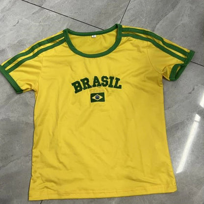 Top corto brasileño Y2K para mujer, ropa con estampado de letras y contraste de colores, camisetas de manga corta, camisetas básicas, ropa urbana