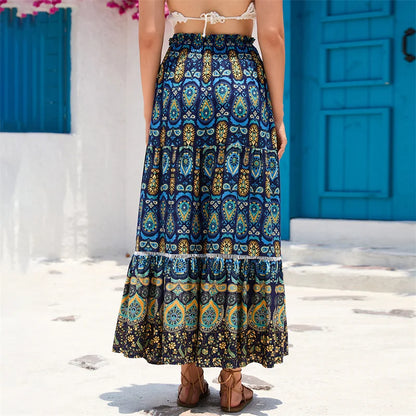 Bohemian Skirt Women Beach Clothes Geometrical Print Elastic High Waist A Line Flowy Swing Skirt Party Skirts Beachwear