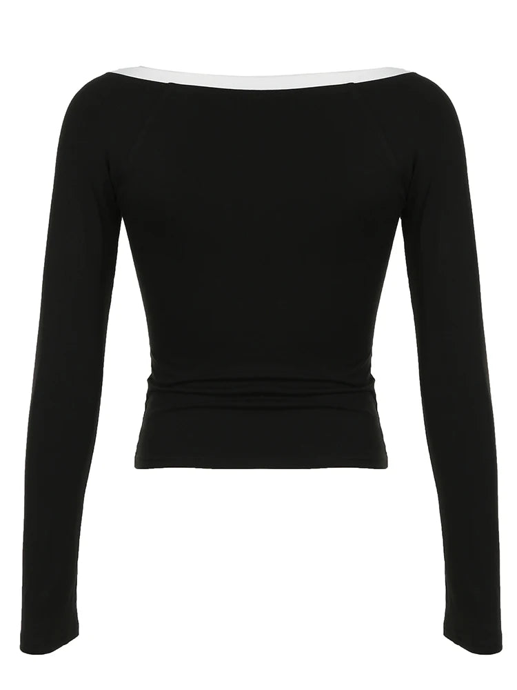Contrast Binding Off Shoulder O Neck Slim Long Sleeve Basic Black T Shirt Women Asymmetric Button Up Chic Fashion Streetwear Tee