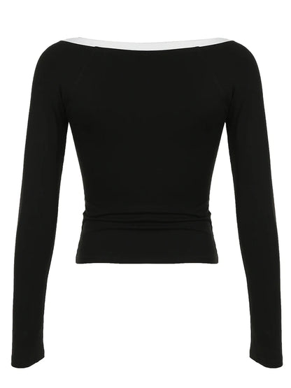 Contrast Binding Off Shoulder O Neck Slim Long Sleeve Basic Black T Shirt Women Asymmetric Button Up Chic Fashion Streetwear Tee
