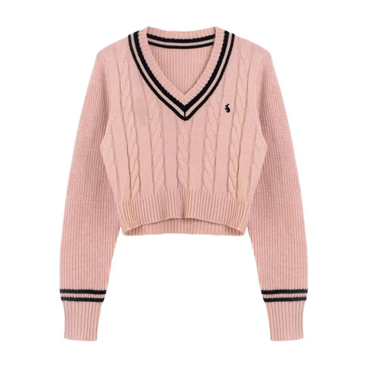 Suéteres de moda coreana para mujer, otoño, cuello en V, Y2K, bordado de dibujos animados, tops de punto, suéteres básicos suaves de manga larga para invierno