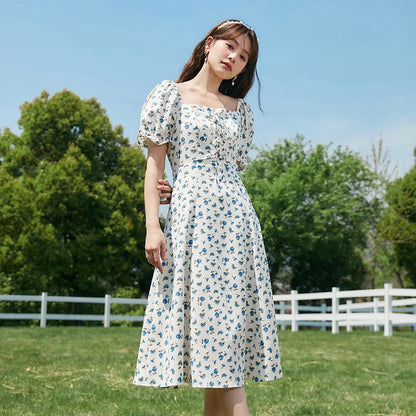 Dress Women Texture Chiffon Floral Romantic Temperament Square Neck Tea Break Dress